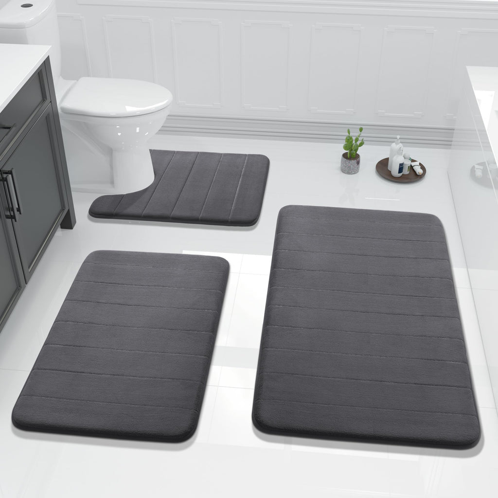 Yimobra Memory Foam Bath Mat Set 3 Pieces- Super Soft Absorbent Quick Dry Bathroom Rug Sets, Machine Washable Non Slip Floor Carpet for Tub Shower, Vanity & Toilet Base, Gray