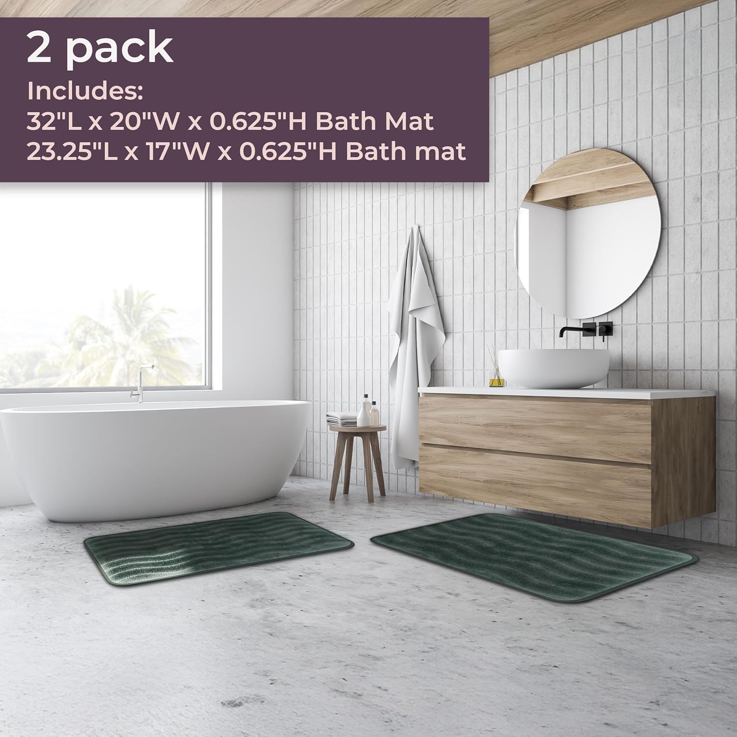 Lavish Home Bathroom Rug Set- 2-Piece Memory Foam Bath Mats-Wavy Microfiber Top-Non-Slip Absorbent Runner for Shower, Tub, Sink, or Kitchen (Green)