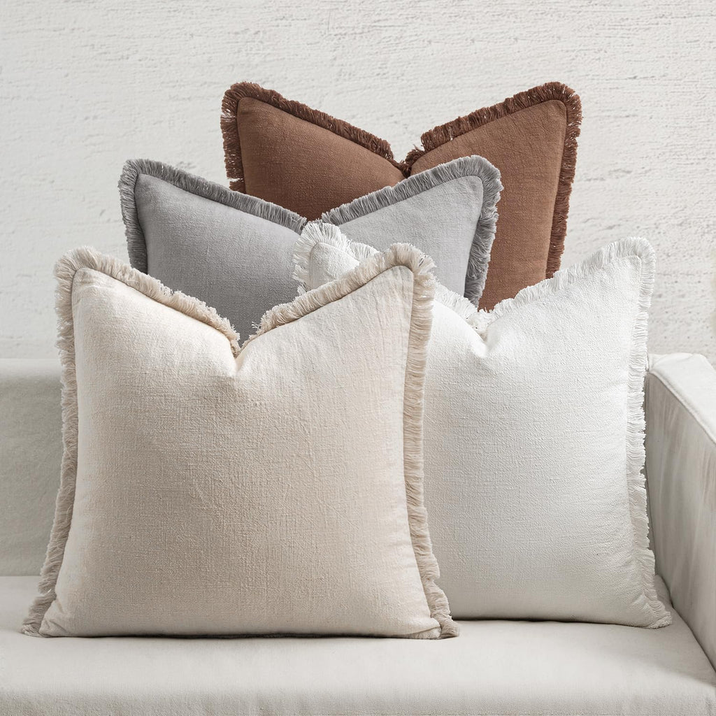 MIULEE Decorative Couch Pillow Covers Neutral Linen Fringe Throw Pillows Set of 4 Soft Rustic Cushions Boho Farmhouse Pillowcases for Bed Sofa Living Room Spring Decor 20x20 Inch Beige/Brown/Green