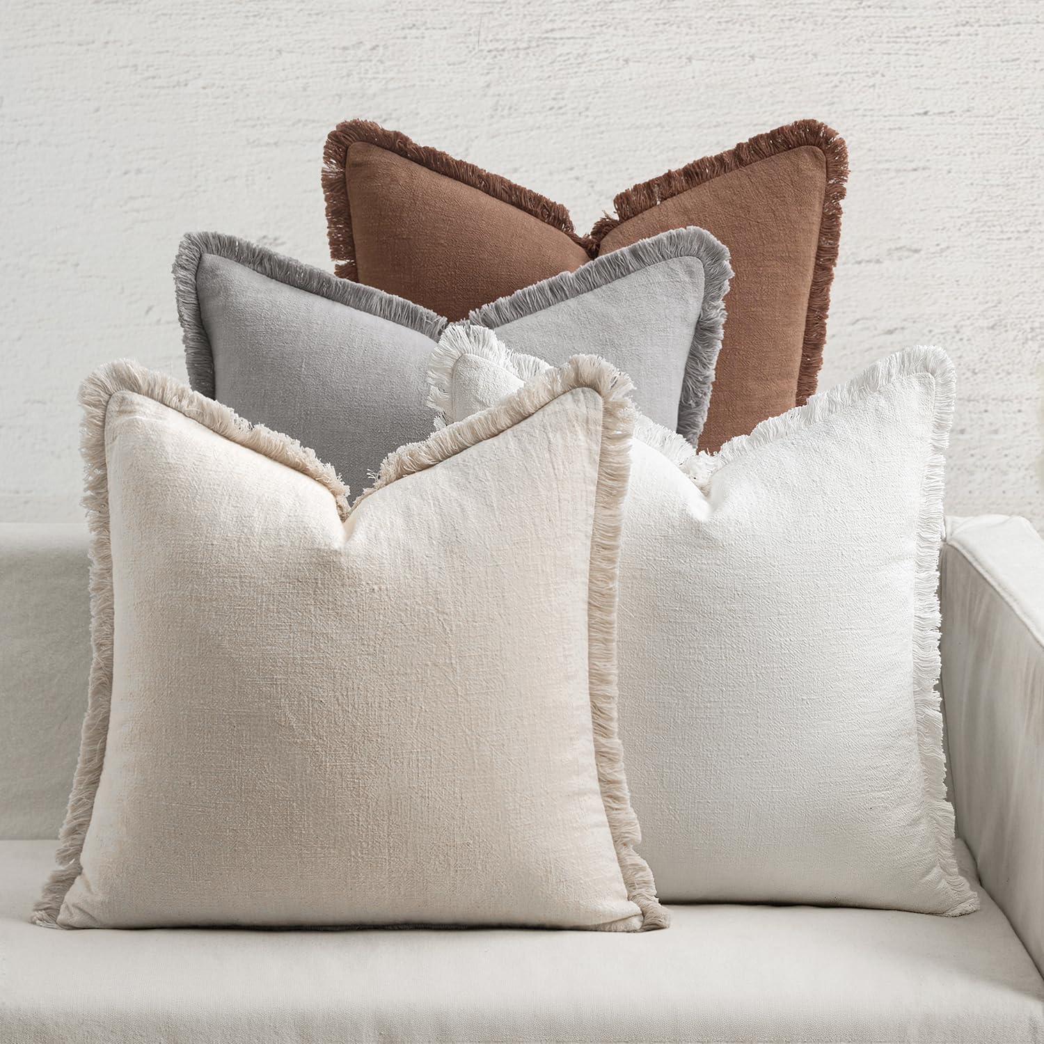MIULEE Decorative Couch Pillow Covers Neutral Linen Fringe Throw Pillows Set of 4 Soft Rustic Cushions Boho Farmhouse Pillowcases for Bed Sofa Living Room Spring Decor 20x20 Inch Beige/Brown/Green