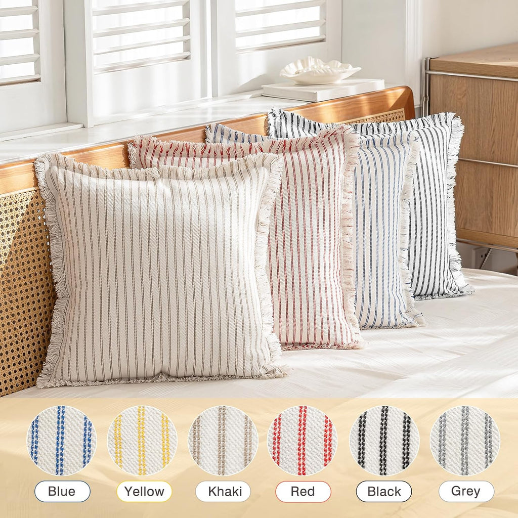 YEENAASY Throw Pillow Covers 24x24 Set of 2 Striped Fringe Pillow Cover Farmhouse Cushion Covers with Tassel Neutral Boho Pillows Decorative Square Pillowcase for Couch Sofa Bed, Khaki