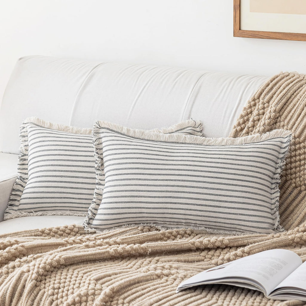 YEENAASY Throw Pillow Covers 24x24 Set of 2 Striped Fringe Pillow Cover Farmhouse Cushion Covers with Tassel Neutral Boho Pillows Decorative Square Pillowcase for Couch Sofa Bed, Khaki