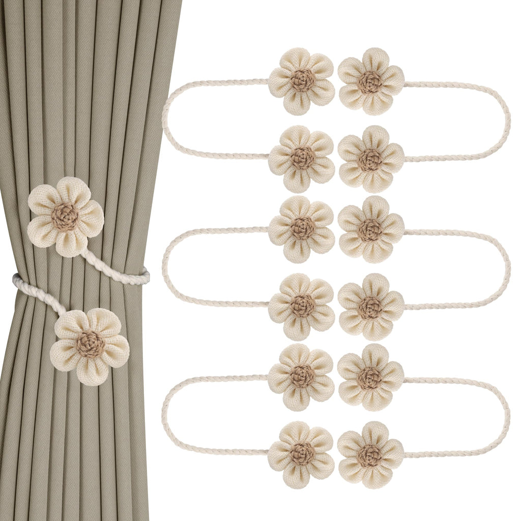 Meplait 6 Pack Flower Curtain Tiebacks Curtain Holdbacks, No Drill Boho Curtain Ties Handmade Cotton Linen Decorative Curtain Holders for Drapes (Beige & Khaki)