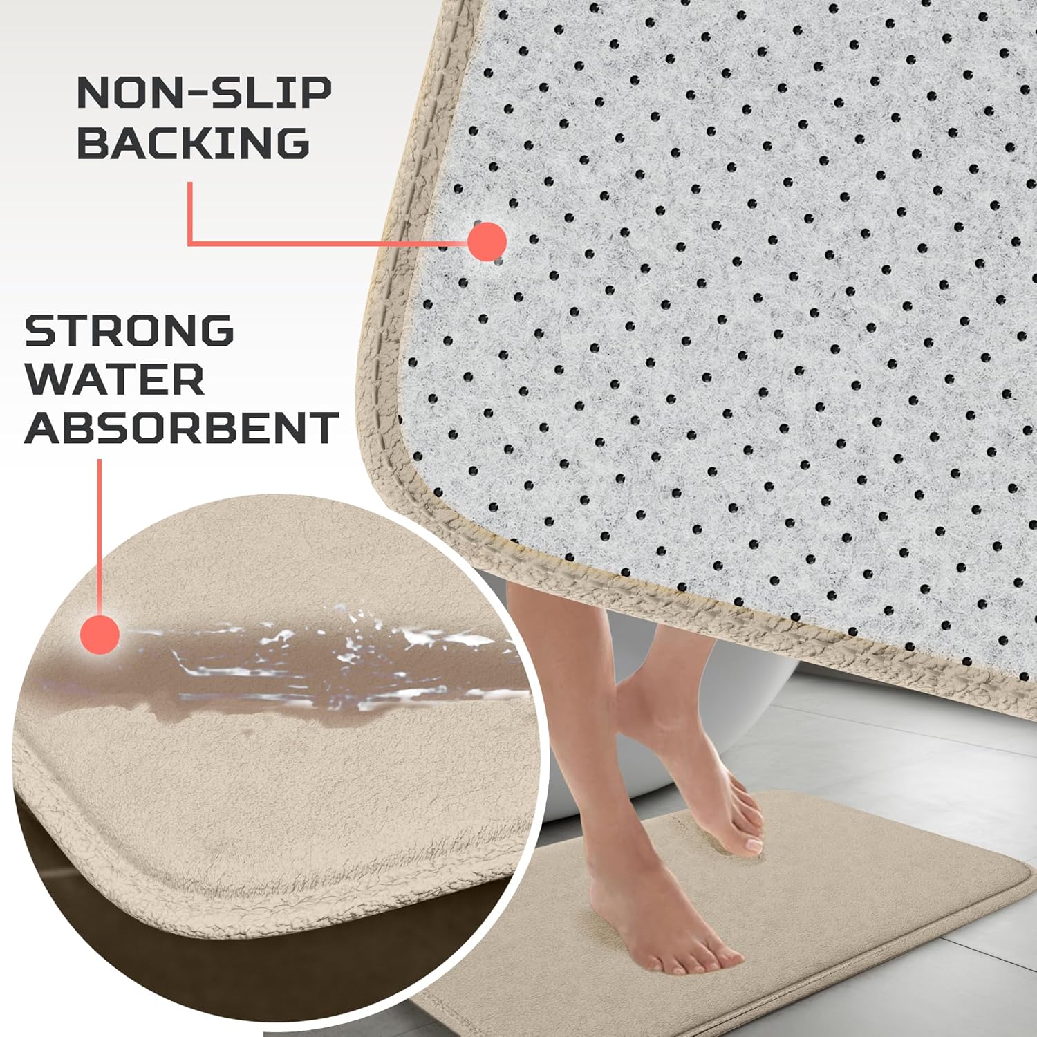5-Piece Bathroom Rug Set - Memory Foam Bath Mats, Non-Slip, Ultra-Soft, Water Absorbent, Machine Washable Bathroom Rugs - Beige