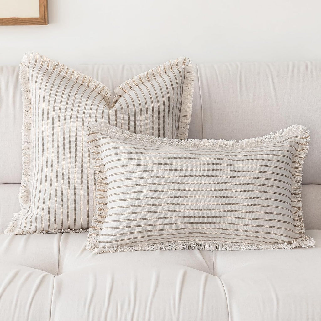 YEENAASY Throw Pillow Covers 24x24 Set of 2 Striped Fringe Pillow Cover Farmhouse Cushion Covers with Tassel Neutral Boho Pillows Decorative Square Pillowcase for Couch Sofa Bed, Khaki