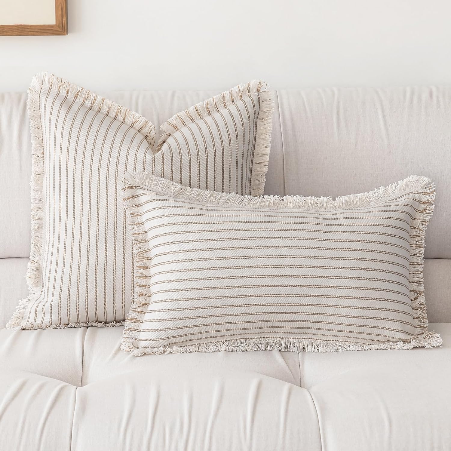 YEENAASY Throw Pillow Covers 24x24 Set of 2 Striped Fringe Pillow Cover Farmhouse Cushion Covers with Tassel Neutral Boho Pillows Decorative Square Pillowcase for Couch Sofa Bed, Khaki