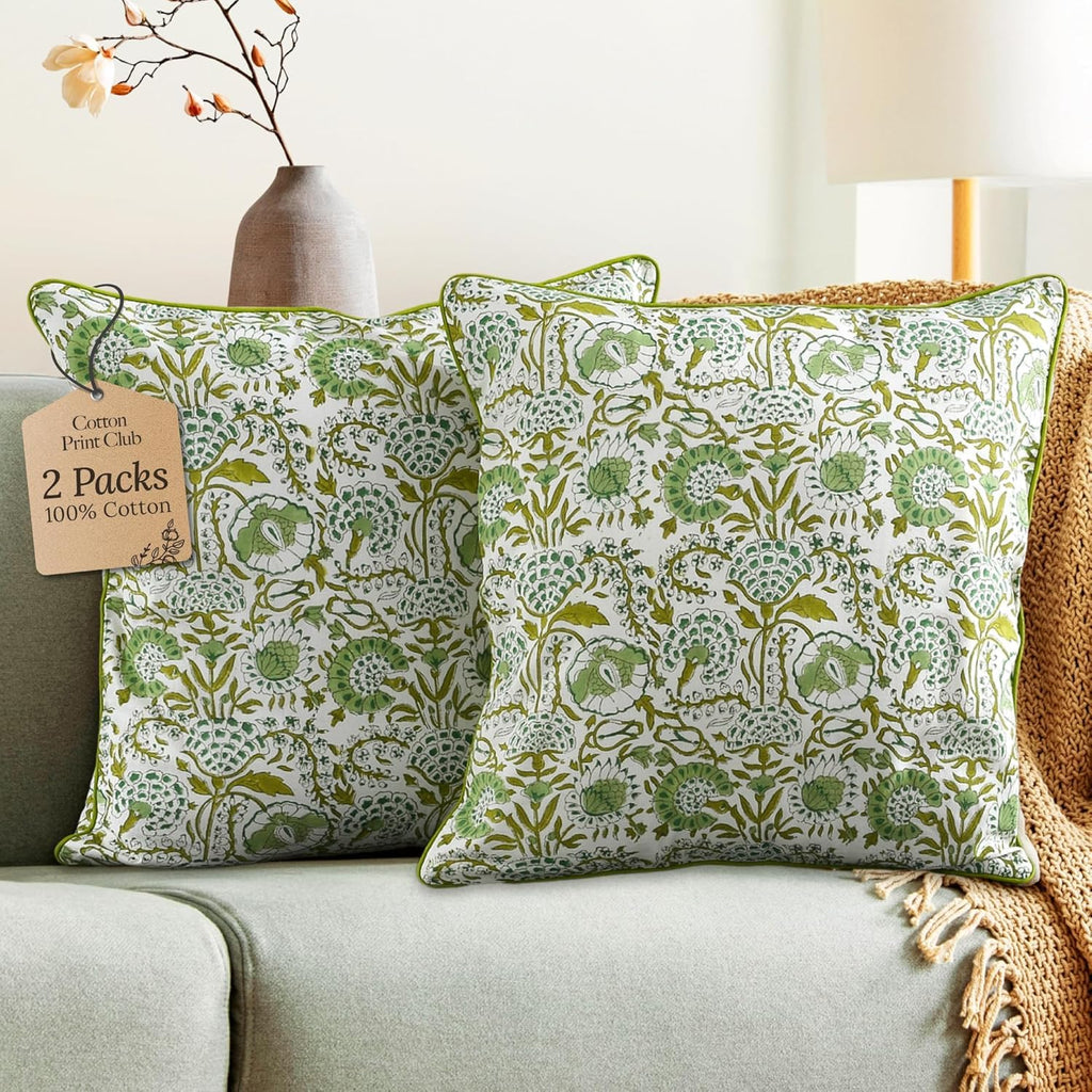 CPC 100% Cotton Throw Pillow Covers 20x20 Inch, Set of 2 Green Block Print Pattern Couch Pillow, Cute Boho Decorative Pillows for Living Room, Bedroom with Hidden Zipper- Olive Green