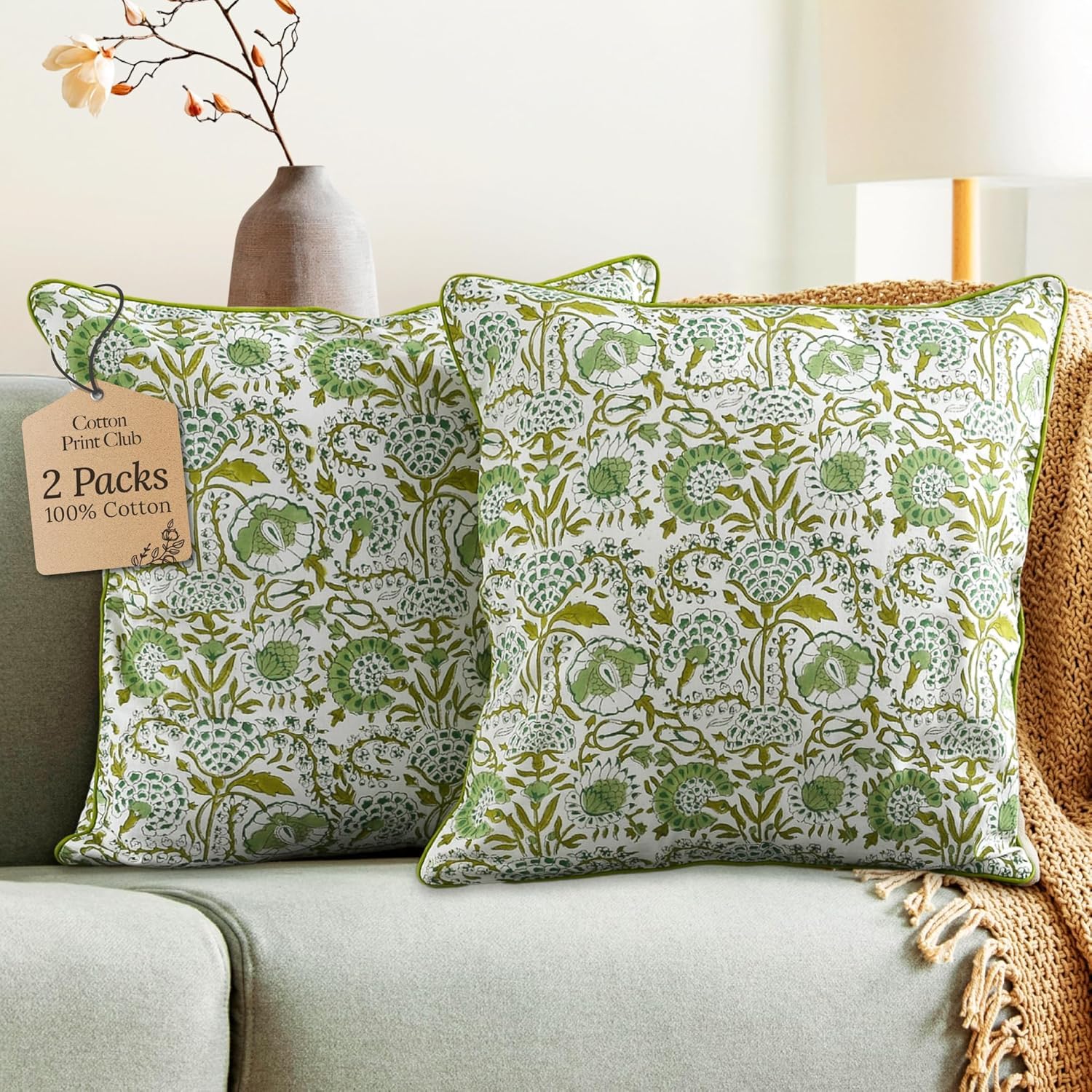 CPC 100% Cotton Throw Pillow Covers 20x20 Inch, Set of 2 Green Block Print Pattern Couch Pillow, Cute Boho Decorative Pillows for Living Room, Bedroom with Hidden Zipper- Olive Green