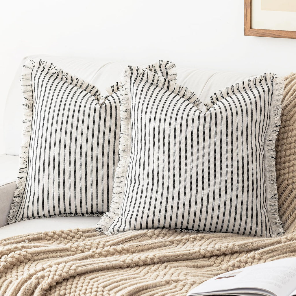 YEENAASY Throw Pillow Covers 24x24 Set of 2 Striped Fringe Pillow Cover Farmhouse Cushion Covers with Tassel Neutral Boho Pillows Decorative Square Pillowcase for Couch Sofa Bed, Khaki