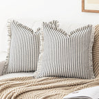 YEENAASY Throw Pillow Covers 24x24 Set of 2 Striped Fringe Pillow Cover Farmhouse Cushion Covers with Tassel Neutral Boho Pillows Decorative Square Pillowcase for Couch Sofa Bed, Khaki