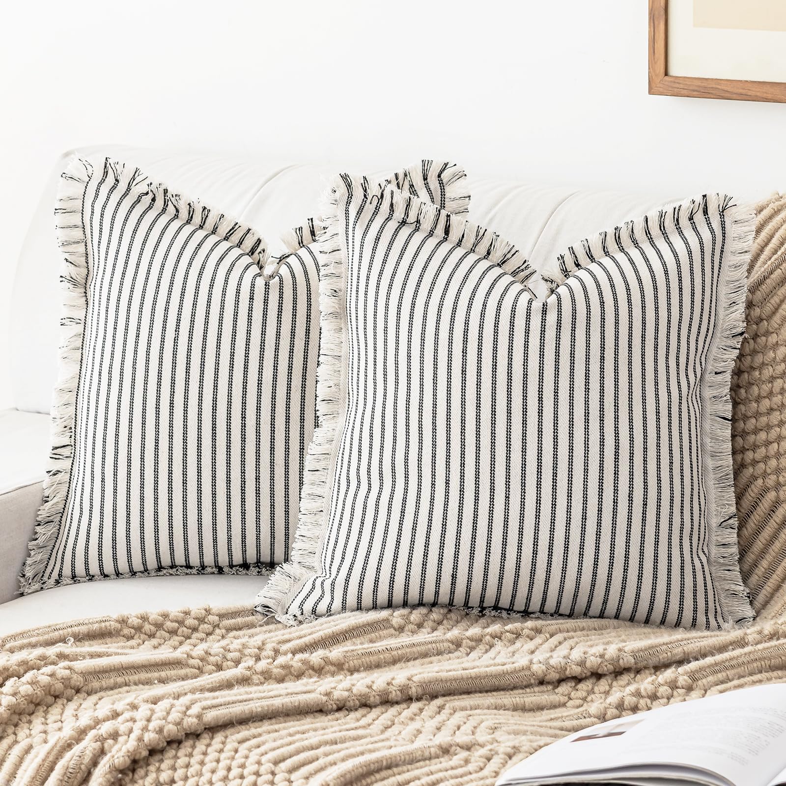YEENAASY Throw Pillow Covers 24x24 Set of 2 Striped Fringe Pillow Cover Farmhouse Cushion Covers with Tassel Neutral Boho Pillows Decorative Square Pillowcase for Couch Sofa Bed, Khaki