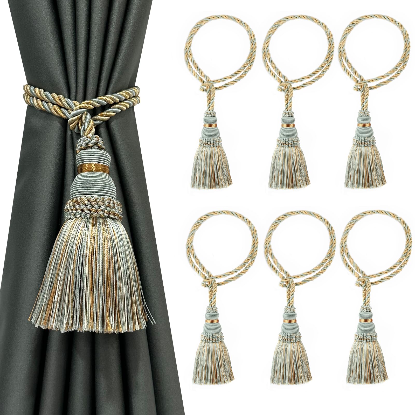 6 Pack Curtain Tie Backs Rope Tassels for Curtains Drape tiebacks Handmade Outdoor Home and Outdoor Decorative (Mix Blue, 6p)