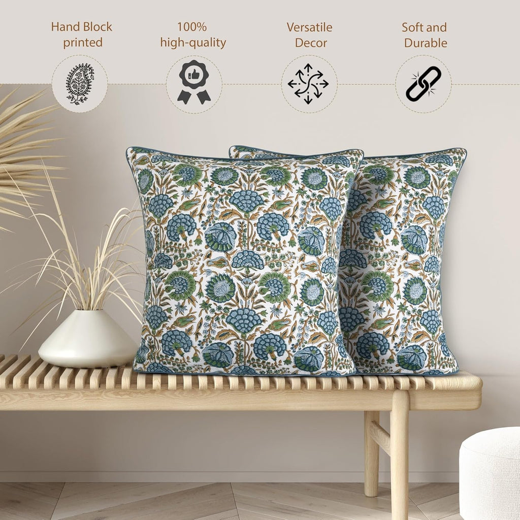 Ridhi Block Print Asparagus Green Pillow Cover 20" x 20" (Pack of 2) Decorative Couch Pillows for Living Room, Farmhouse Chic Boho Cute Outdoor Pillows Covers Gifts for Spring, Mother's Day