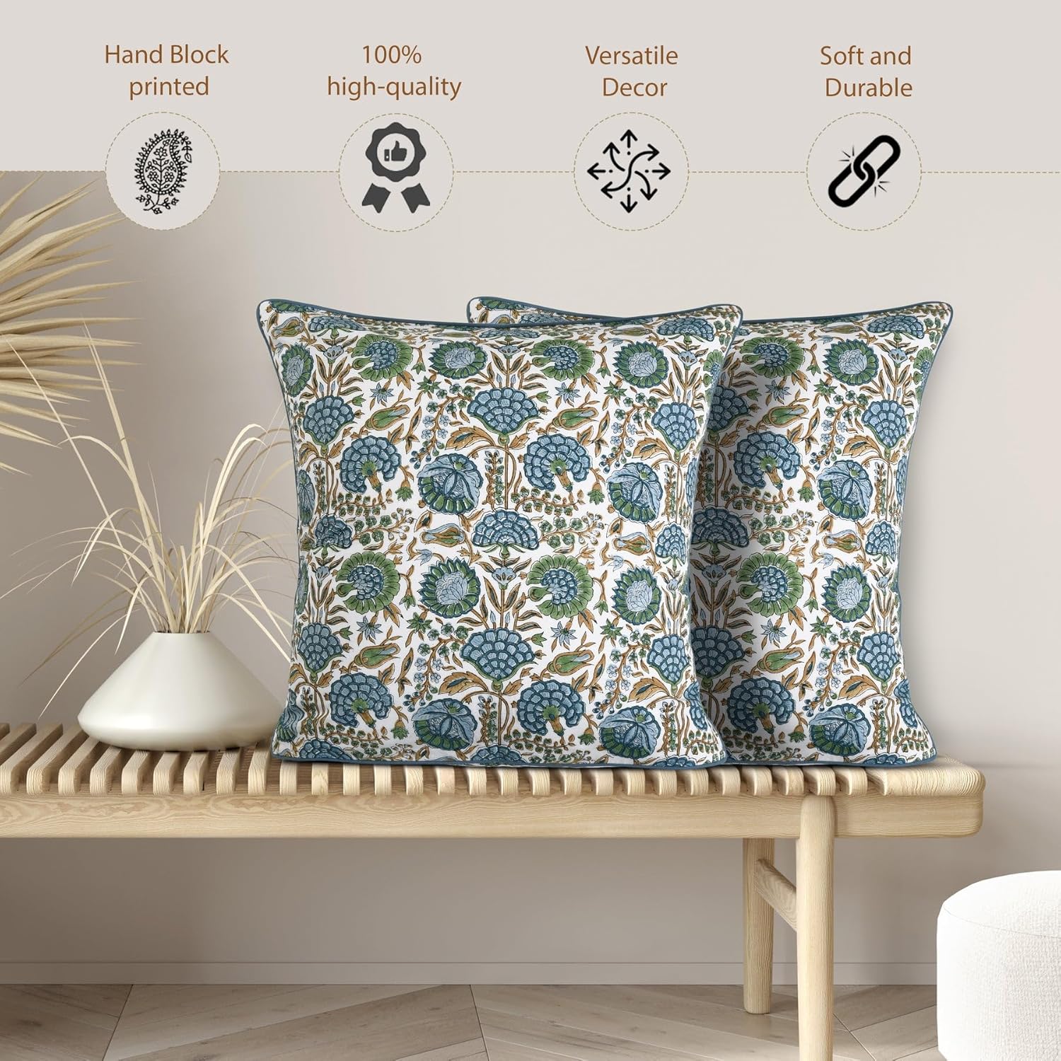 Ridhi Block Print Asparagus Green Pillow Cover 20" x 20" (Pack of 2) Decorative Couch Pillows for Living Room, Farmhouse Chic Boho Cute Outdoor Pillows Covers Gifts for Spring, Mother's Day
