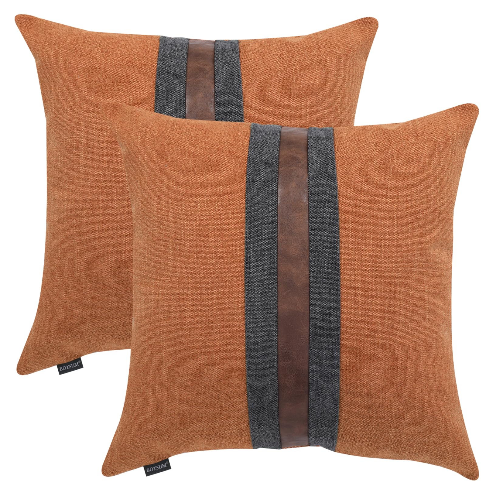 Set of 2 Leather Throw Pillow Covers Cotton Linen Decor Patchwork Pillow Cover Faux Leather Pillows Cover for Couch Sofa Living Room Bedroom,Beige 24"x24"