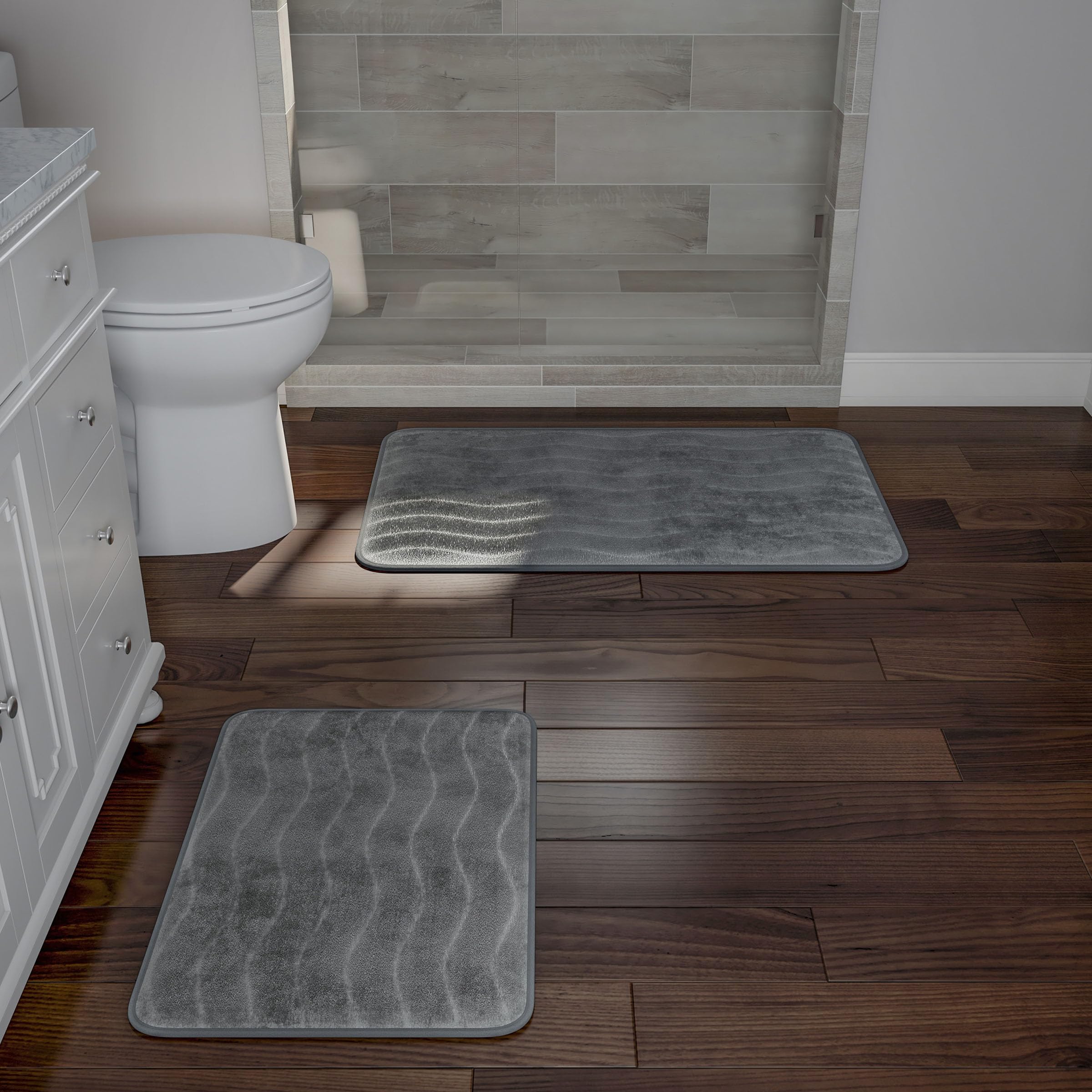 Lavish Home Bathroom Rug Set- 2-Piece Memory Foam Bath Mats-Wavy Microfiber Top-Non-Slip Absorbent Runner for Shower, Tub, Sink, or Kitchen (Green)
