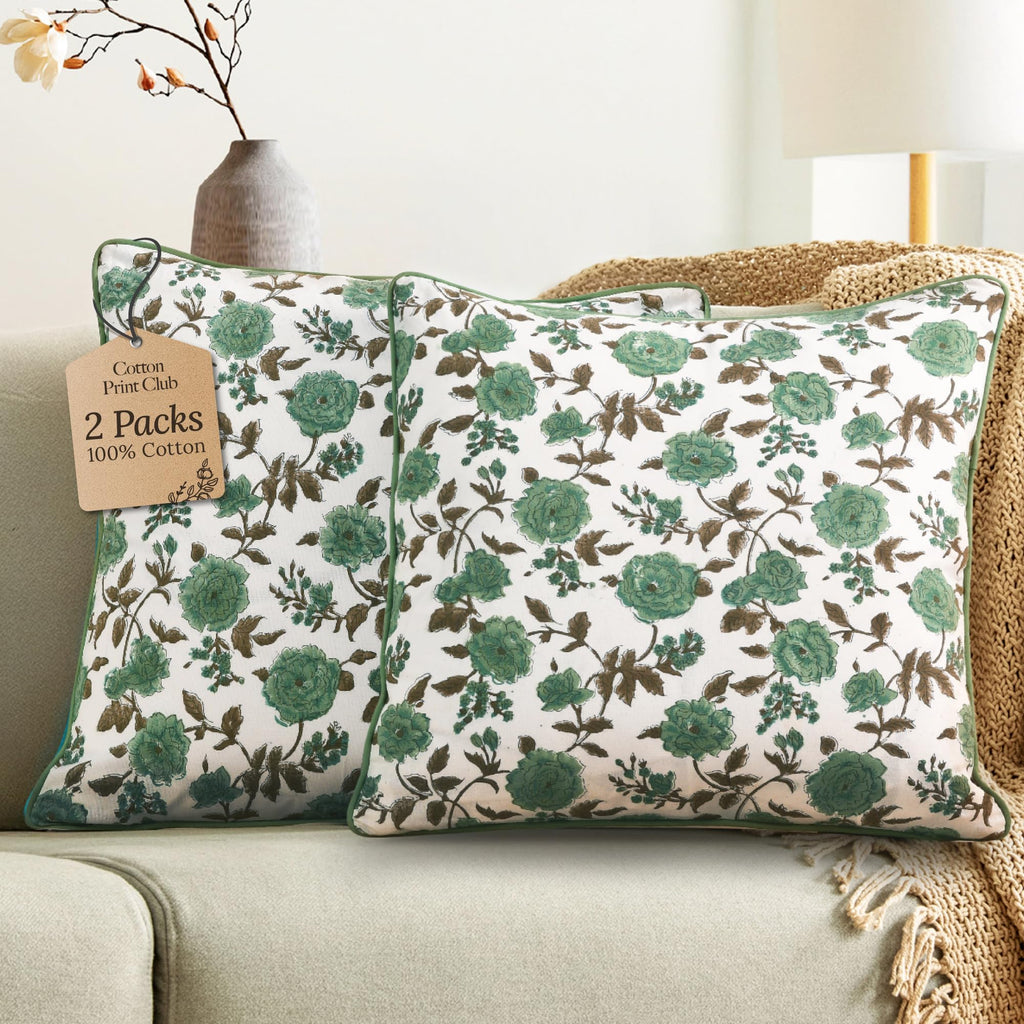 CPC 100% Cotton Throw Pillow Covers 20x20 Inch, Set of 2 Green Block Print Pattern Couch Pillow, Cute Boho Decorative Pillows for Living Room, Bedroom with Hidden Zipper- Agate Green