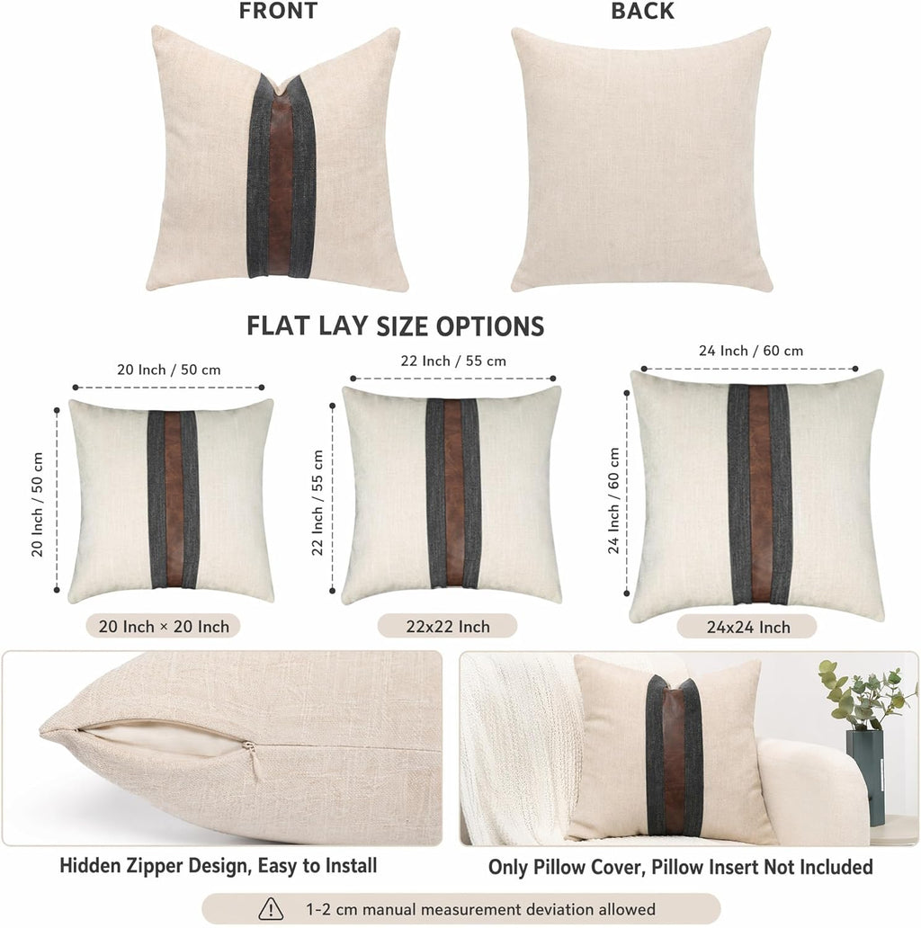 Set of 2 Leather Throw Pillow Covers Cotton Linen Decor Patchwork Pillow Cover Faux Leather Pillows Cover for Couch Sofa Living Room Bedroom,Beige 24"x24"
