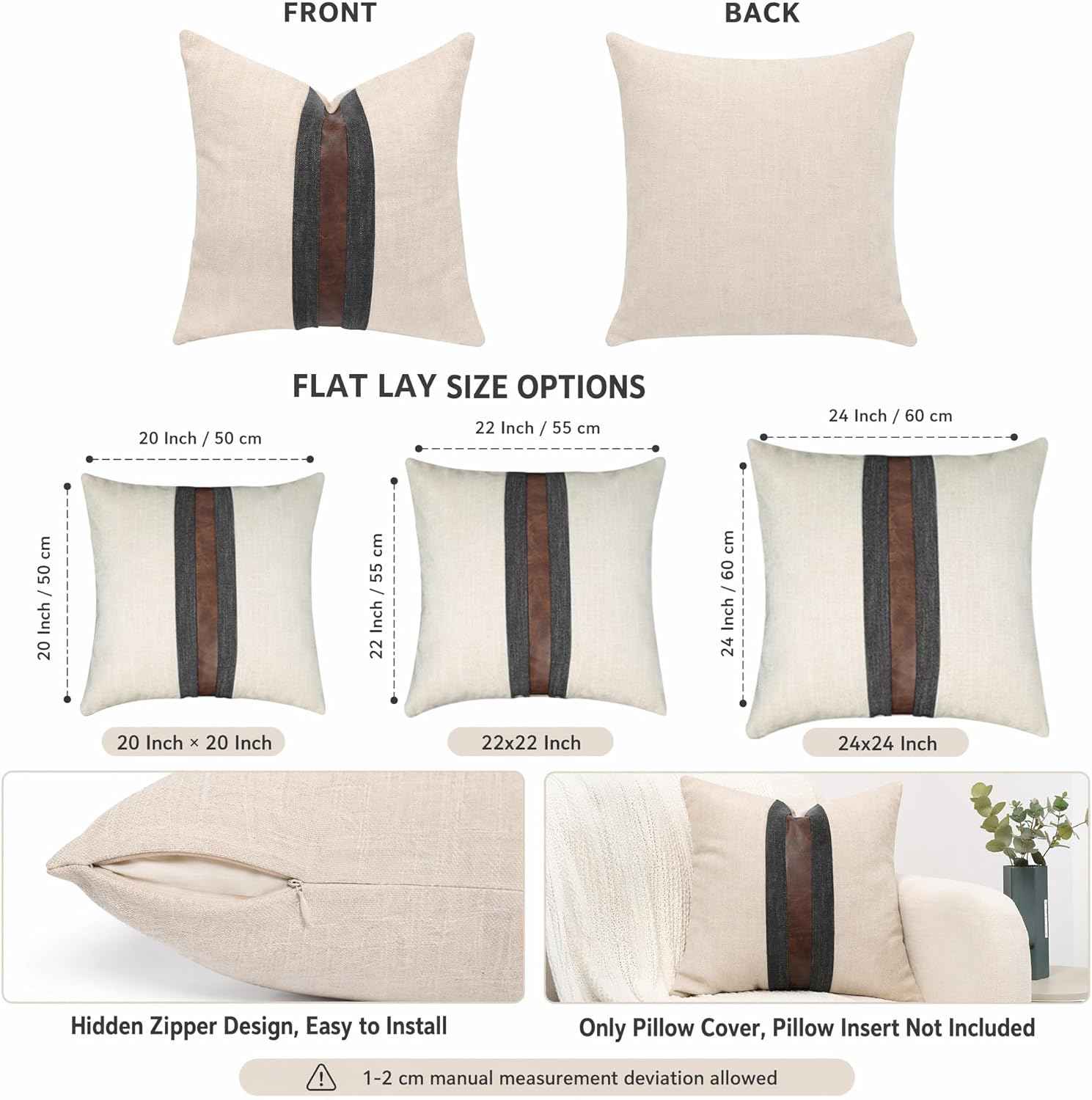 Set of 2 Leather Throw Pillow Covers Cotton Linen Decor Patchwork Pillow Cover Faux Leather Pillows Cover for Couch Sofa Living Room Bedroom,Beige 24"x24"