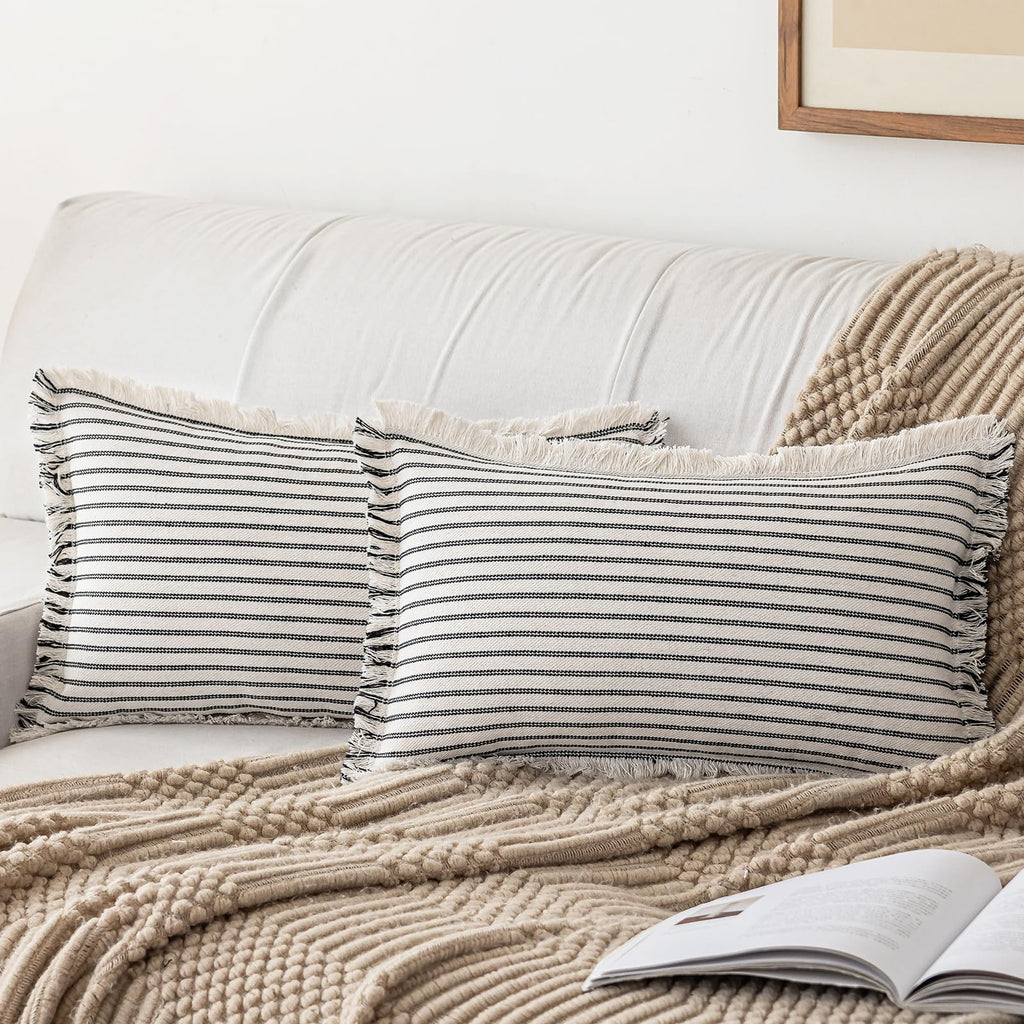 YEENAASY Throw Pillow Covers 24x24 Set of 2 Striped Fringe Pillow Cover Farmhouse Cushion Covers with Tassel Neutral Boho Pillows Decorative Square Pillowcase for Couch Sofa Bed, Khaki