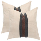 Set of 2 Leather Throw Pillow Covers Cotton Linen Decor Patchwork Pillow Cover Faux Leather Pillows Cover for Couch Sofa Living Room Bedroom,Beige 24"x24"