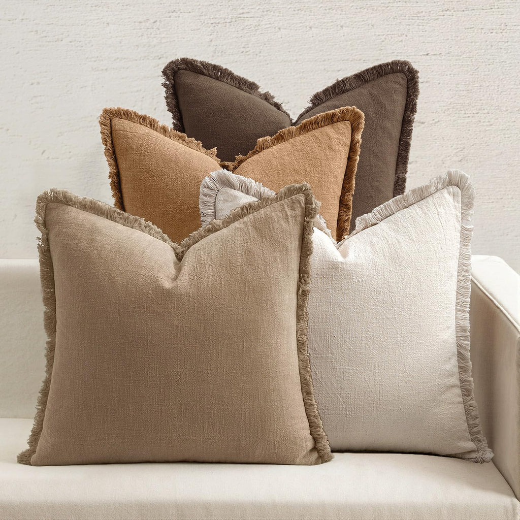 MIULEE Decorative Couch Pillow Covers Neutral Linen Fringe Throw Pillows Set of 4 Soft Rustic Cushions Boho Farmhouse Pillowcases for Bed Sofa Living Room Spring Decor 20x20 Inch Beige/Brown/Green