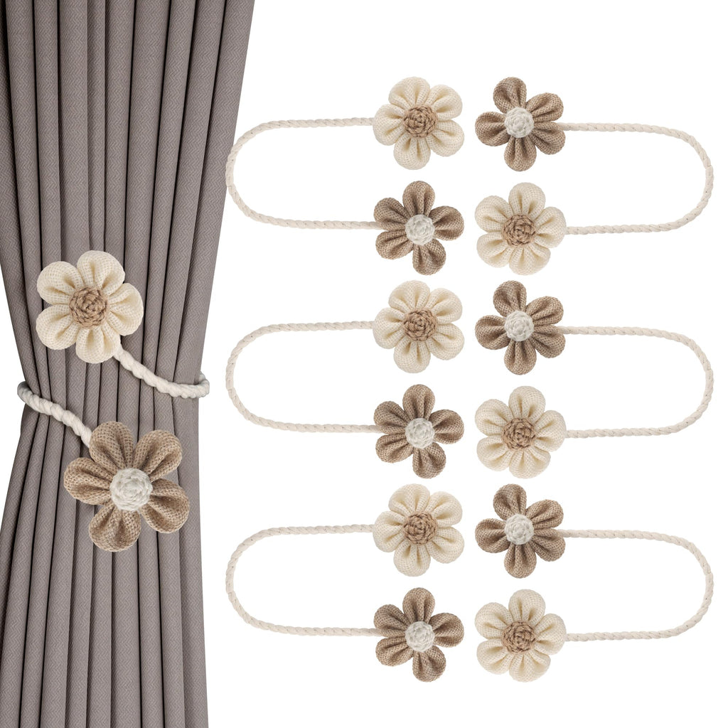 Meplait 6 Pack Flower Curtain Tiebacks Curtain Holdbacks, No Drill Boho Curtain Ties Handmade Cotton Linen Decorative Curtain Holders for Drapes (Beige & Khaki)