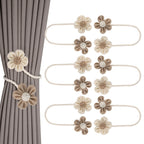 Meplait 6 Pack Flower Curtain Tiebacks Curtain Holdbacks, No Drill Boho Curtain Ties Handmade Cotton Linen Decorative Curtain Holders for Drapes (Beige & Khaki)
