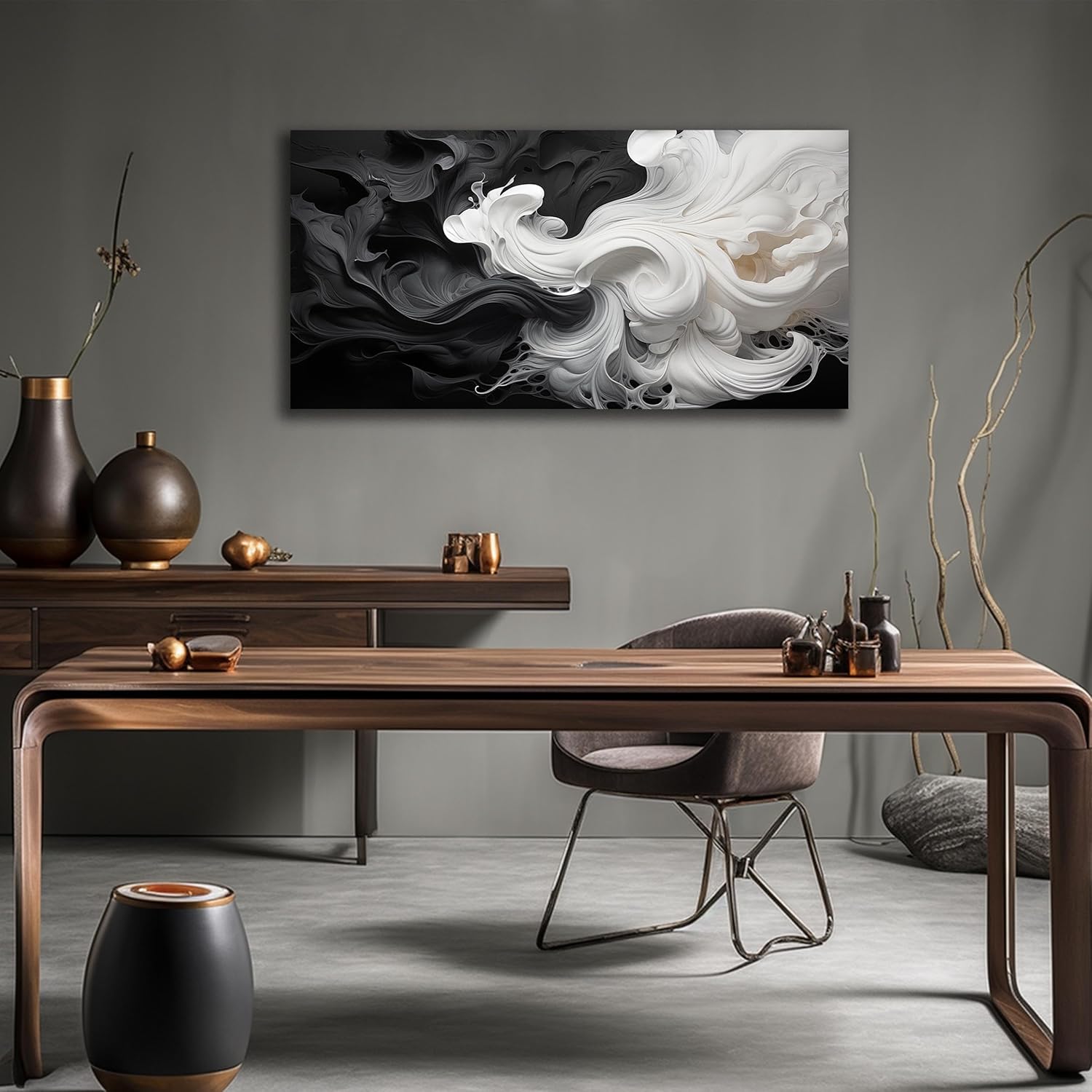 Abstract Black and White Wall Art for Living Room, Modern Minimalist Neutral Canvas Printed Painting Decorative-Picture Wall-Decor Artwork for Bedroom Dining Room Home Office, Size 40x20 Inches