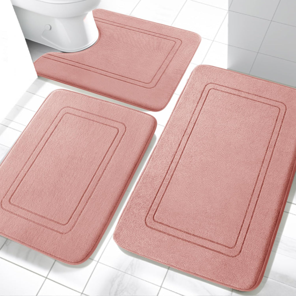 YIHOUSE Memory Foam Bath Mat Set, Bathroom Rugs Sets 3 Pieces, Non Slip Bath Mats for Bathroom, Super Soft and Water Absorbent Bath Rug Set, Machine Washable U Shape Toilet Rug,Beige