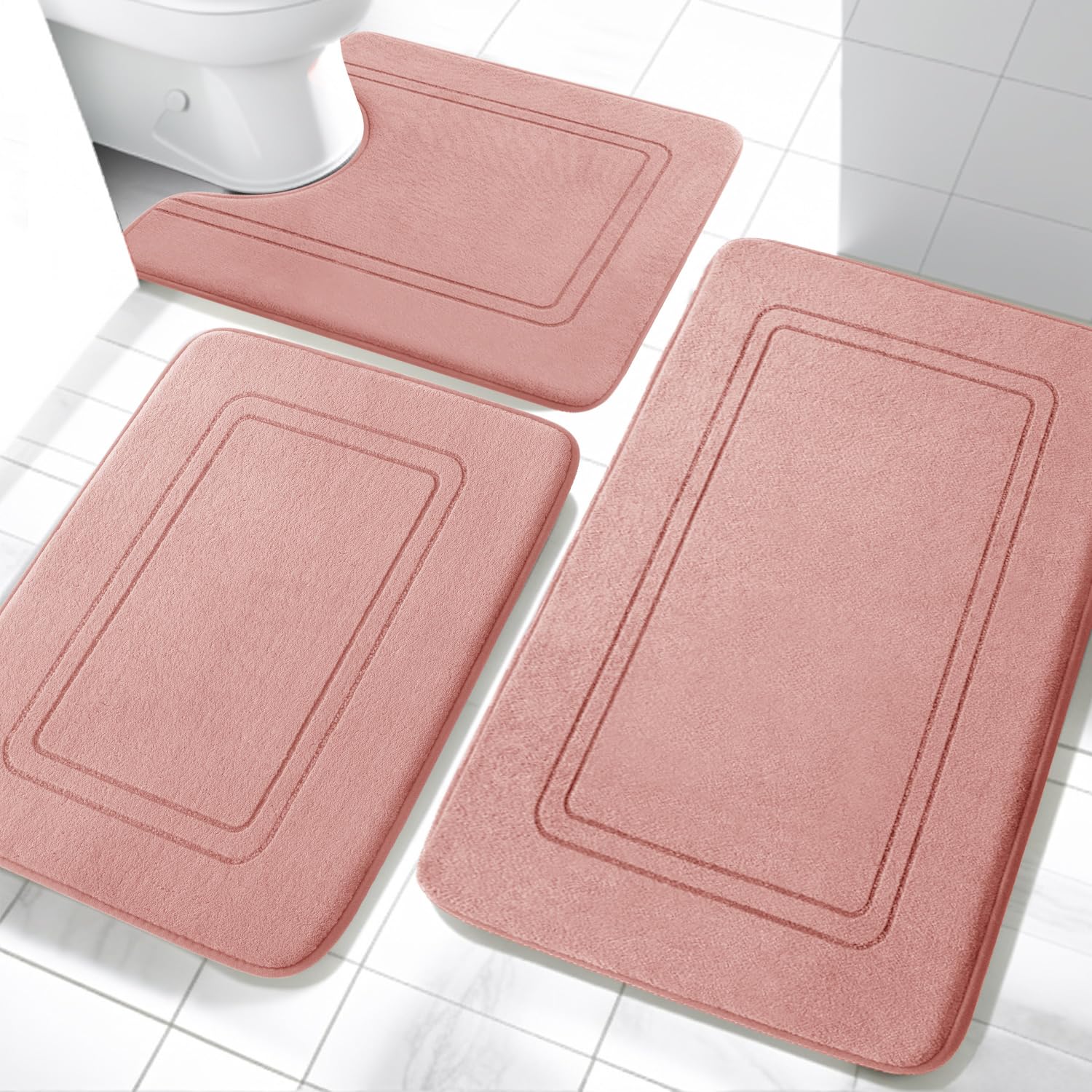 YIHOUSE Memory Foam Bath Mat Set, Bathroom Rugs Sets 3 Pieces, Non Slip Bath Mats for Bathroom, Super Soft and Water Absorbent Bath Rug Set, Machine Washable U Shape Toilet Rug,Beige