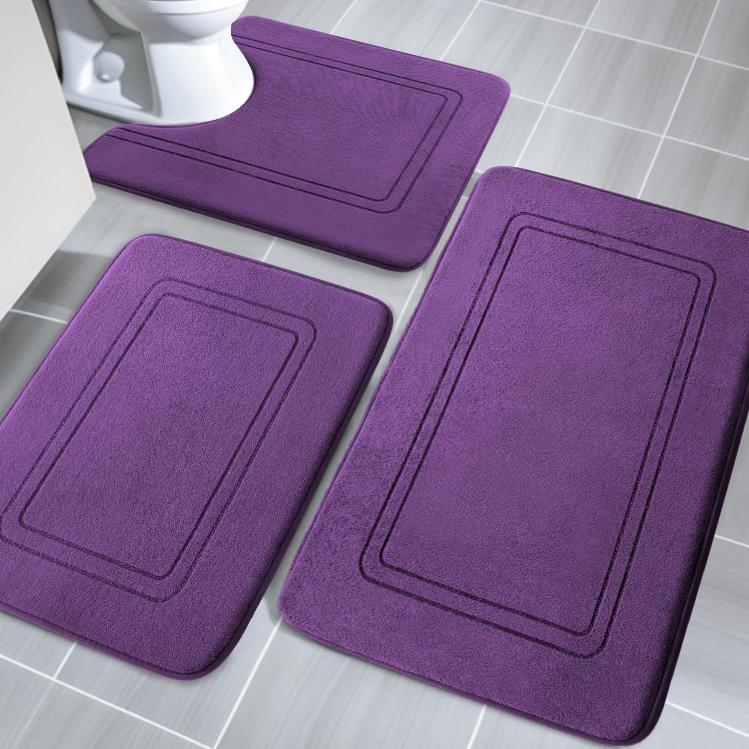 YIHOUSE Memory Foam Bath Mat Set, Bathroom Rugs Sets 3 Pieces, Non Slip Bath Mats for Bathroom, Super Soft and Water Absorbent Bath Rug Set, Machine Washable U Shape Toilet Rug,Beige