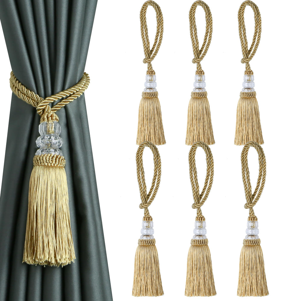 6 Pack Curtain Tiebacks with Tassel, Outdoor Elegant Decorative Curtain Holdback,Modern Rope Window Curtain Ties Backs for Draperies (6, Gold)