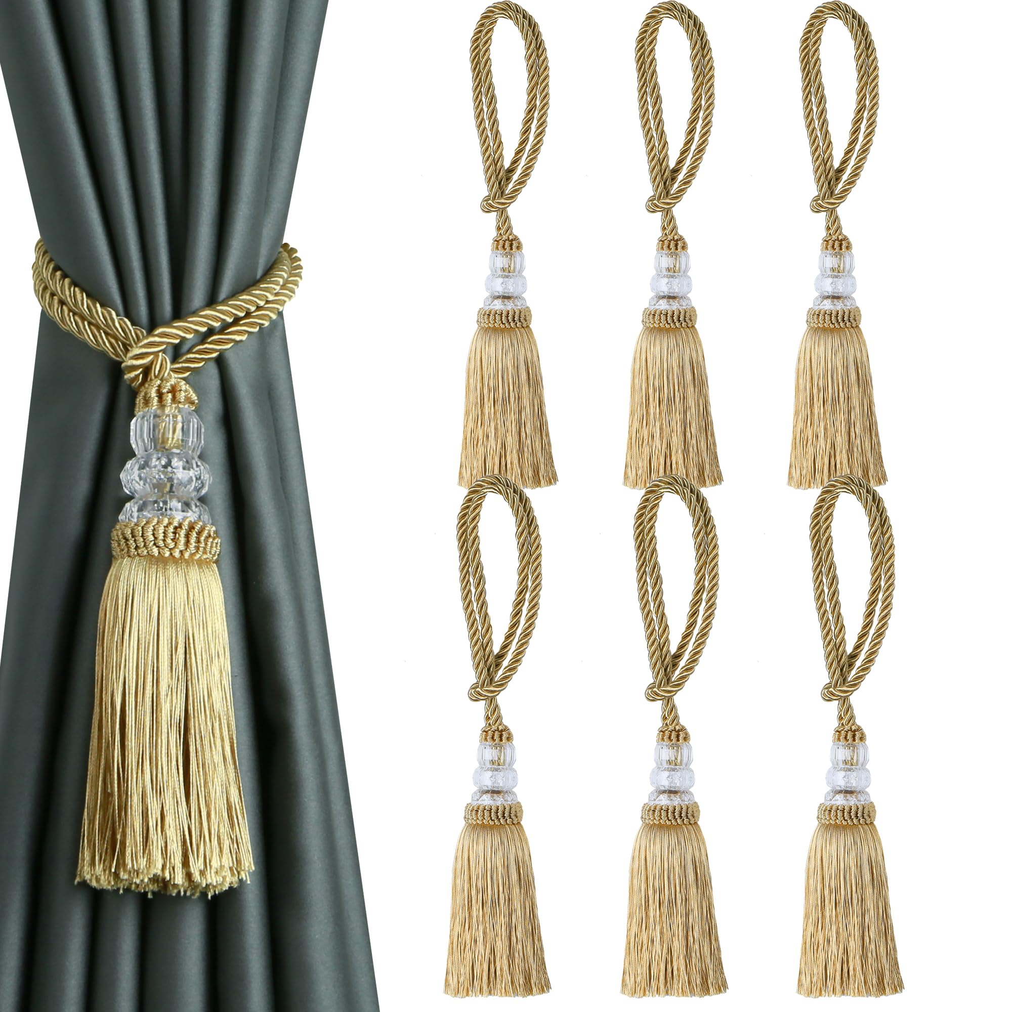 6 Pack Curtain Tiebacks with Tassel, Outdoor Elegant Decorative Curtain Holdback,Modern Rope Window Curtain Ties Backs for Draperies (6, Gold)