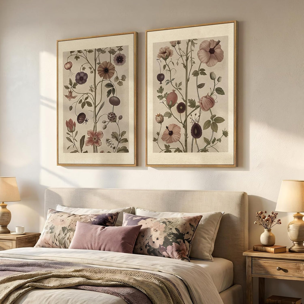 Large Framed Vintage Botanical Wall Art Set of 2, Neutral Antique Floral Canvas Painting Prints Artwork for Walls, Retro Rustic Farmhouse Flowers Pictures for Living Room Bedroom Wall Decor, 24x36 In