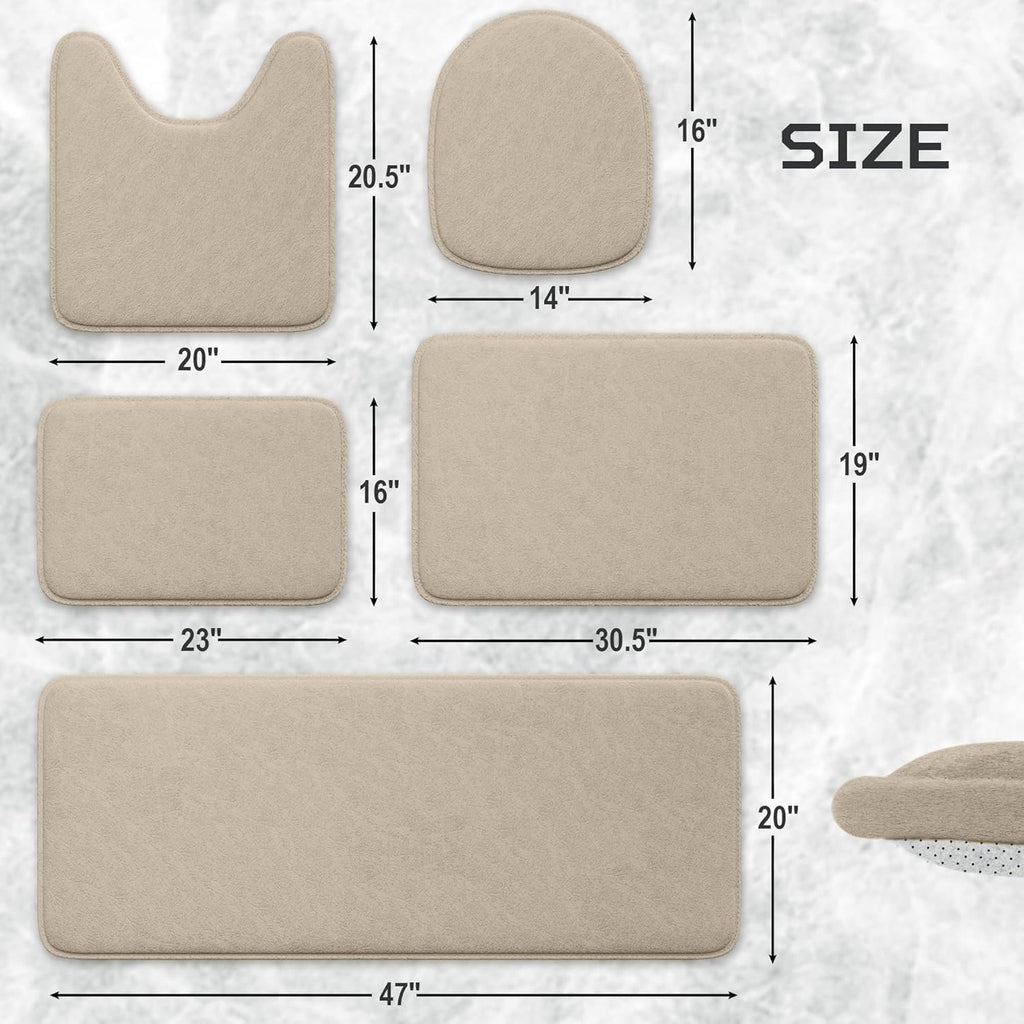5-Piece Bathroom Rug Set - Memory Foam Bath Mats, Non-Slip, Ultra-Soft, Water Absorbent, Machine Washable Bathroom Rugs - Beige