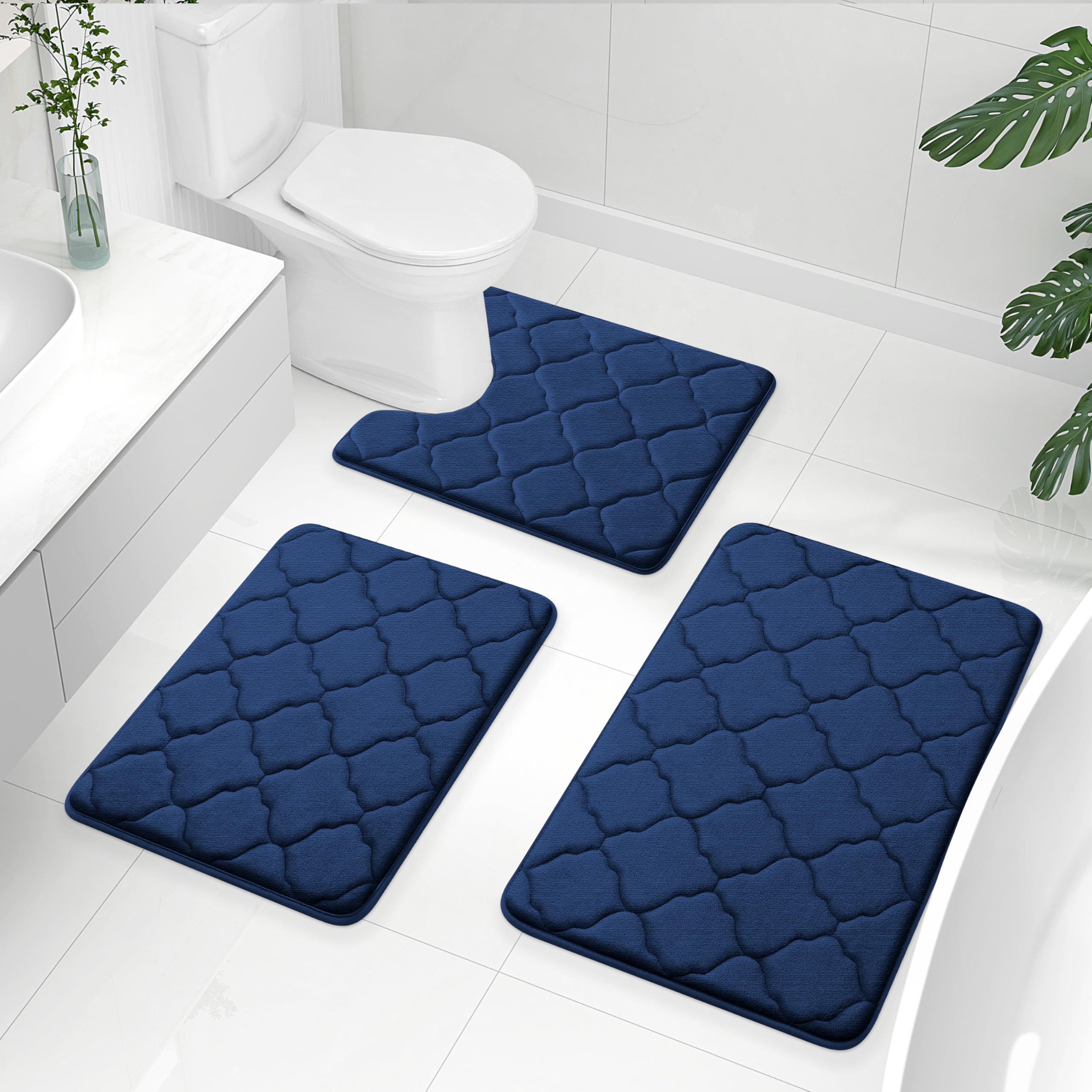 OLANLY Memory Foam Bath Mat Set of 3 Piece, Bathroom Rugs and Toilet Rug U-Shaped, Ultra Soft and Absorbent, Comfortable, Non-Slip, Machine Washable, Shower and Home Decor Accessories, Peacock Blue