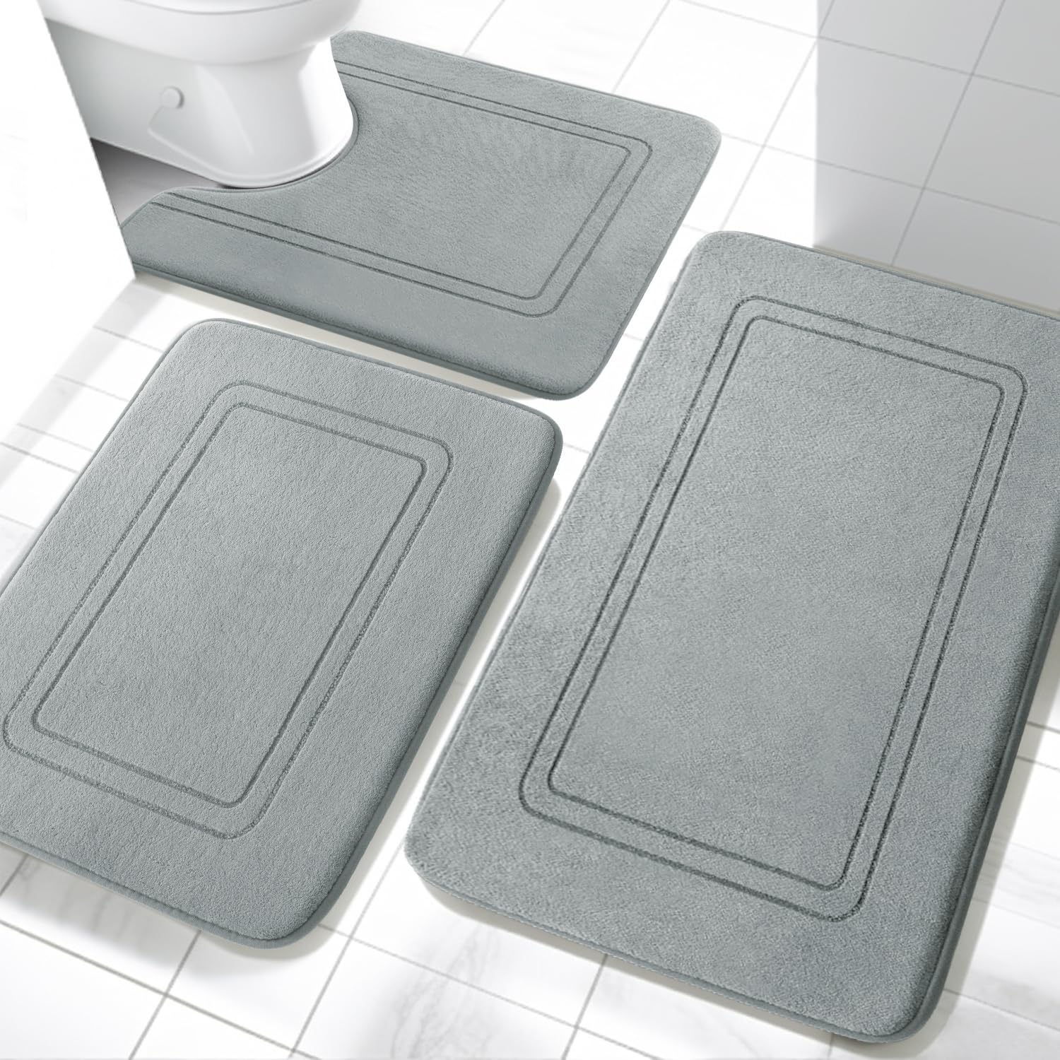 YIHOUSE Memory Foam Bath Mat Set, Bathroom Rugs Sets 3 Pieces, Non Slip Bath Mats for Bathroom, Super Soft and Water Absorbent Bath Rug Set, Machine Washable U Shape Toilet Rug,Beige