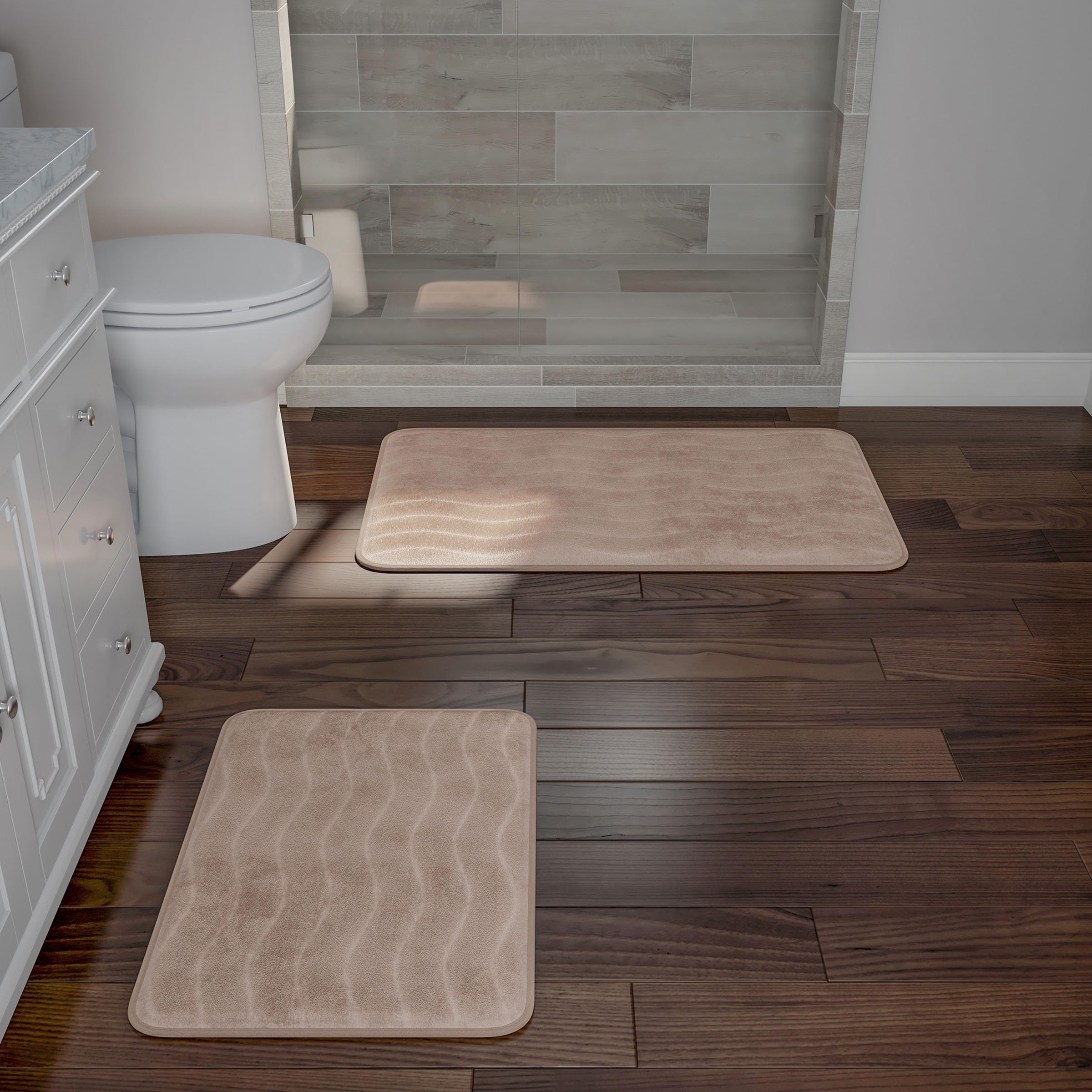 Lavish Home Bathroom Rug Set- 2-Piece Memory Foam Bath Mats-Wavy Microfiber Top-Non-Slip Absorbent Runner for Shower, Tub, Sink, or Kitchen (Green)