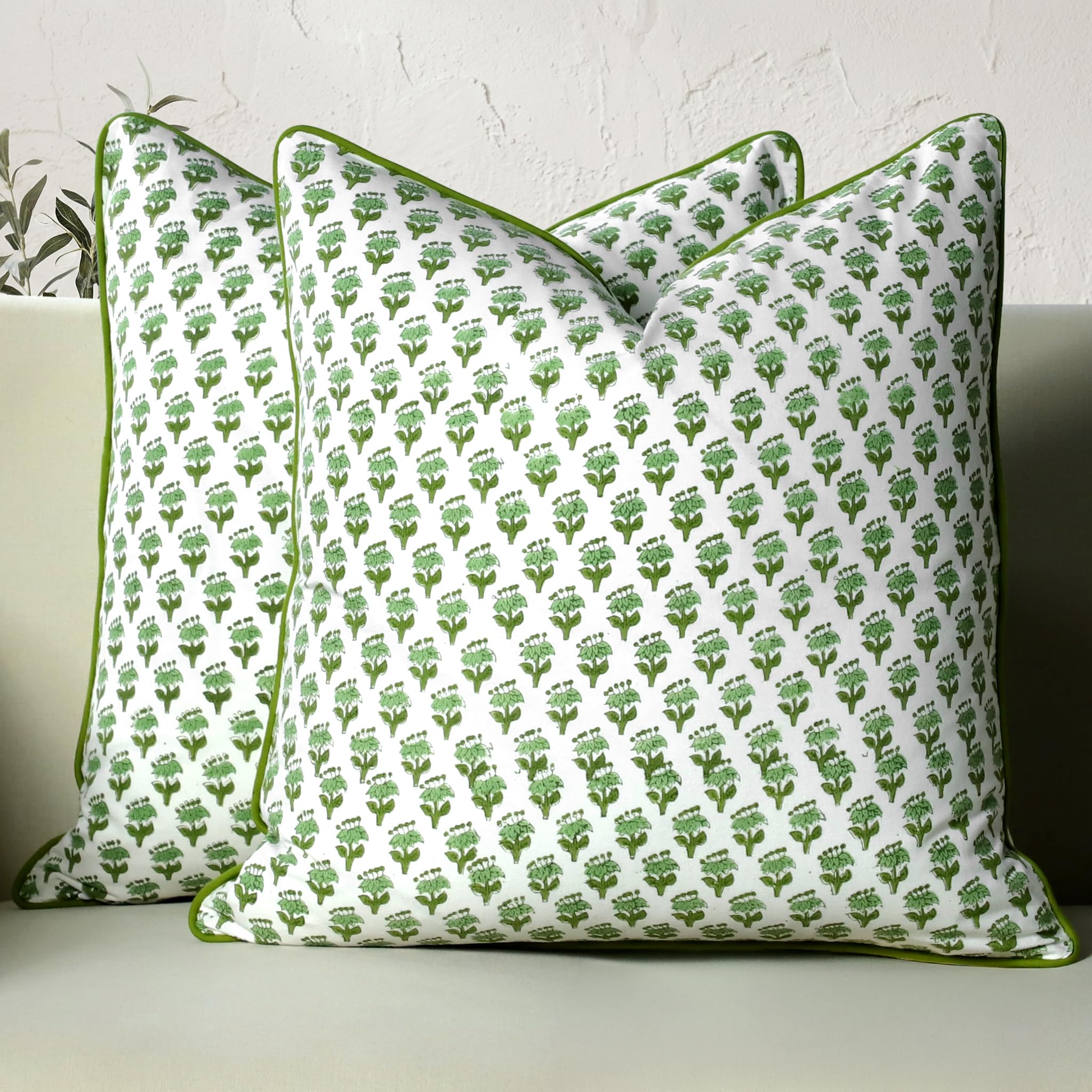 CPC 100% Cotton Throw Pillow Covers 20x20 Inch, Set of 2 Green Block Print Pattern Couch Pillow, Cute Boho Decorative Pillows for Living Room, Bedroom with Hidden Zipper- Royal Blue