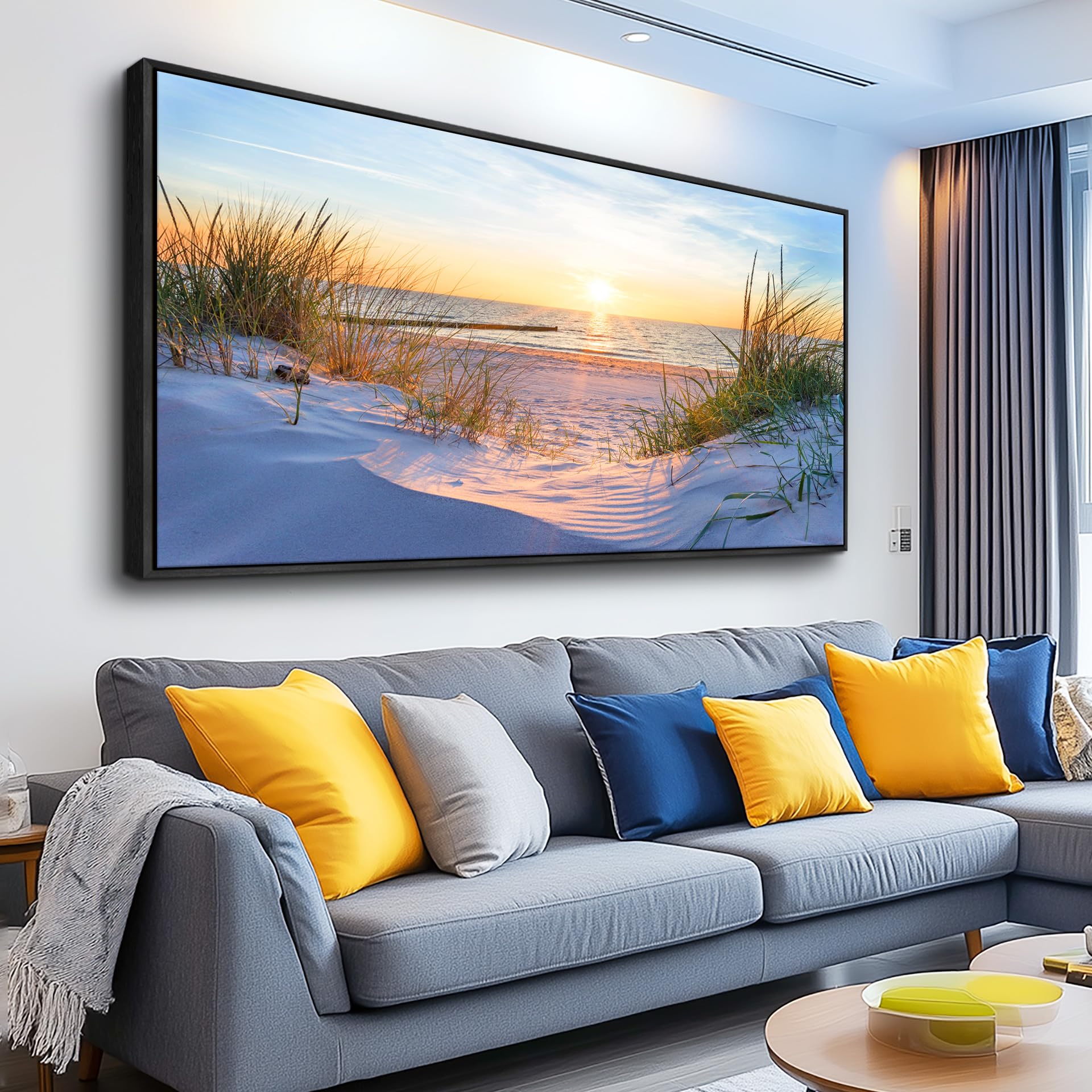 MHARTK66 Wall Decor for Living Room Large Canvas Wall Art for Bedroom Modern Office Pictures Blue Sun Beach Grass Ocean Landscape Paintings Canvas Art Prints Home Decorations