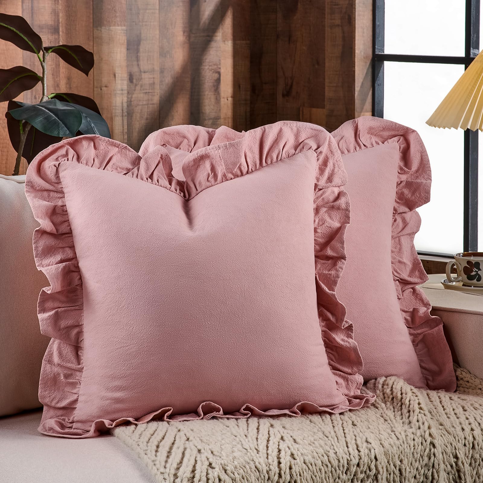 24×24" Ruffle Cotton Throw Pillow Covers, 2 Pack Beige