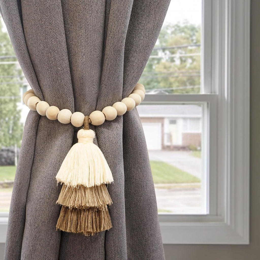No Drill Curtain Tiebacks with Strong Magnetic Closure, Natural Wood Beads Boho Holdbacks with Triple Tassels for Living Room, Bedroom, Office Drapes,Set of 4,Beige Taupe Brown