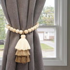 No Drill Curtain Tiebacks with Strong Magnetic Closure, Natural Wood Beads Boho Holdbacks with Triple Tassels for Living Room, Bedroom, Office Drapes,Set of 4,Beige Taupe Brown