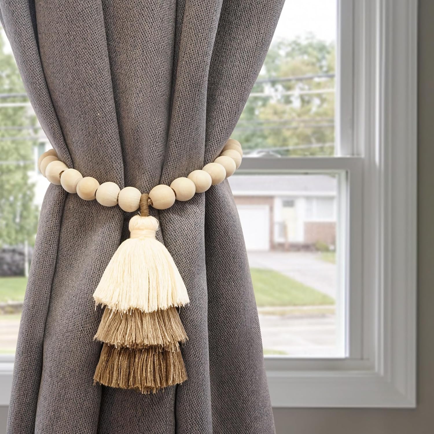 No Drill Curtain Tiebacks with Strong Magnetic Closure, Natural Wood Beads Boho Holdbacks with Triple Tassels for Living Room, Bedroom, Office Drapes,Set of 4,Beige Taupe Brown