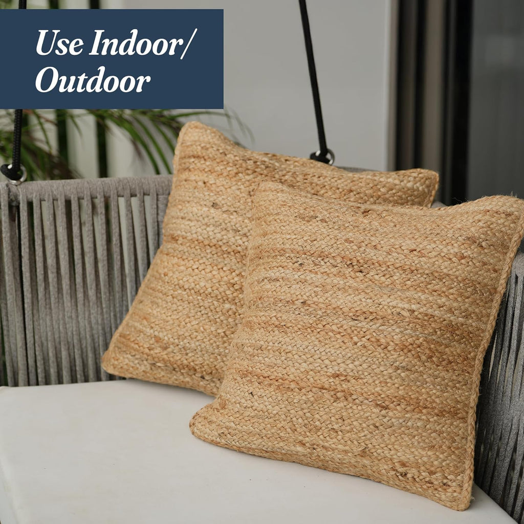 The Fine Living Co. Jute Pillow Covers 18x18 Set of 2, Braided Jute Throw Pillows, Indoor Outdoor Boho & Farmhouse Decor, Natural Decorative Cushion Covers for Couch, Living Room & Patio