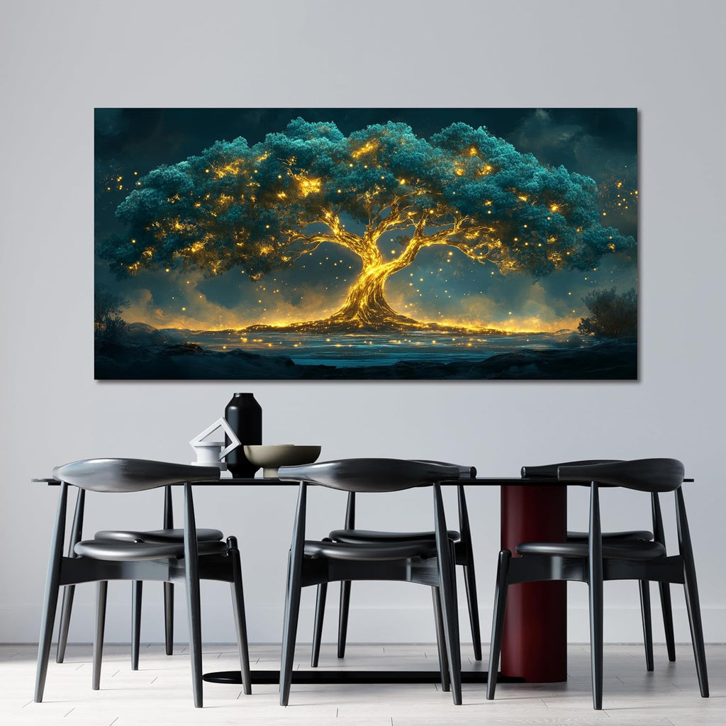 29"X58" Tree of Life Canvas Print, Green Gold Artwork for Home Wall Decoration
