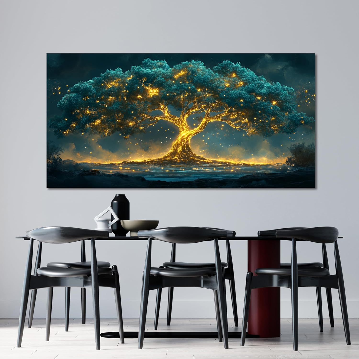 29"X58" Tree of Life Canvas Print, Green Gold Artwork for Home Wall Decoration