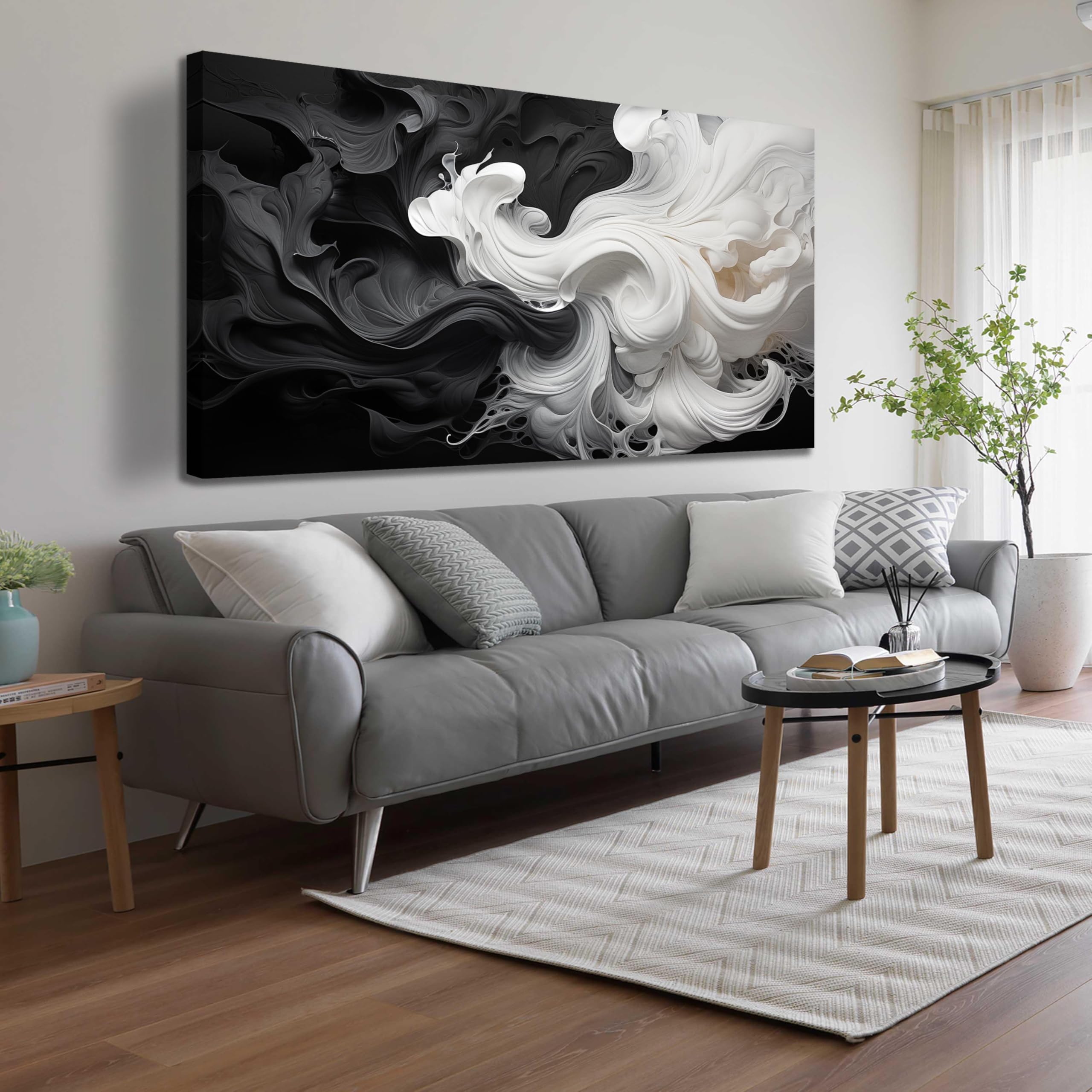 Abstract Black and White Wall Art for Living Room, Modern Minimalist Neutral Canvas Printed Painting Decorative-Picture Wall-Decor Artwork for Bedroom Dining Room Home Office, Size 40x20 Inches