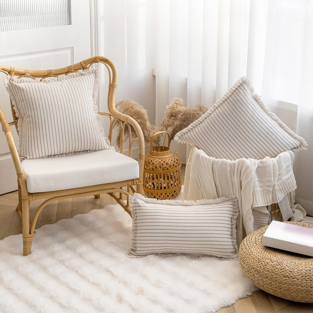 YEENAASY Throw Pillow Covers 24x24 Set of 2 Striped Fringe Pillow Cover Farmhouse Cushion Covers with Tassel Neutral Boho Pillows Decorative Square Pillowcase for Couch Sofa Bed, Khaki